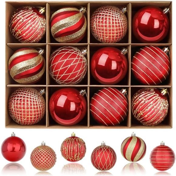 80MM/3.15 Inch Christmas Balls Ornaments,12PCS Colored Shatterproof, Red - Picture 1 of 6